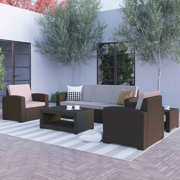 Flash Furniture 5 Piece Chocolate Brown Outdoor Faux Rattan Set - DAD-SF-113RS-CBN-GG