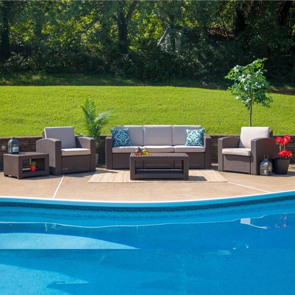 Flash Furniture 5 Piece Chocolate Brown Outdoor Faux Rattan Set - DAD-SF-113RS-CBN-GG