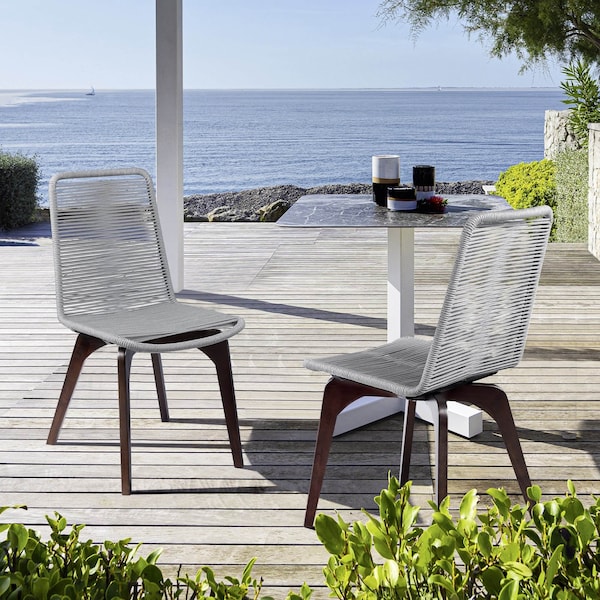 Armen Living Island Outdoor Dark Eucalyptus Wood and Silver Rope Dining Chairs - Set of 2 - LCISSISL