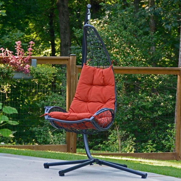 Algoma Cushioned Rattan Wicker Hanging Chair with Stand, Red - 7175RD