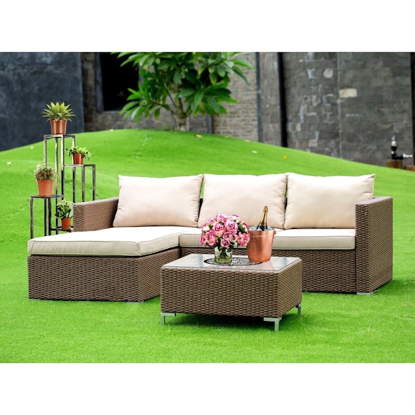 East West Furniture 3 Piece Ackerly Brown Wicker Outdoor-furniture Sectional Sofa Set - Brown - ACL3S02A
