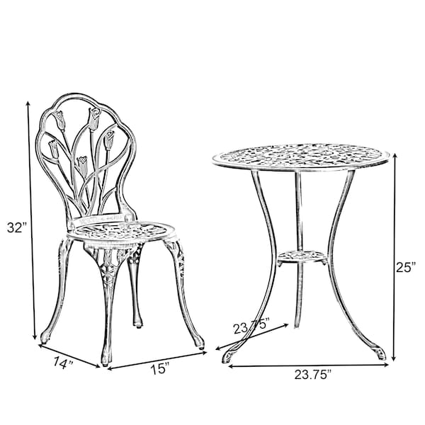 Gardenised Indoor and Outdoor Bronze Dinning Set 2 Chairs with 1 Table Bistro Patio Cast Aluminum. - QI003961.BZ