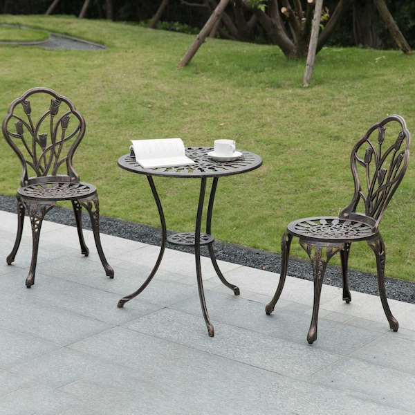Gardenised Indoor and Outdoor Bronze Dinning Set 2 Chairs with 1 Table Bistro Patio Cast Aluminum. - QI003961.BZ