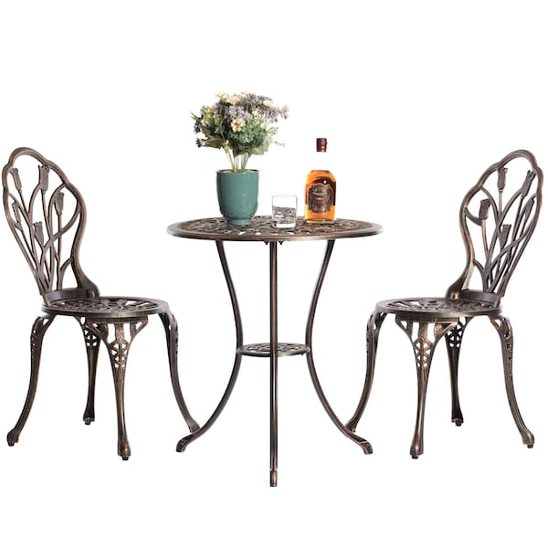 Gardenised Indoor and Outdoor Bronze Dinning Set 2 Chairs with 1 Table Bistro Patio Cast Aluminum. - QI003961.BZ