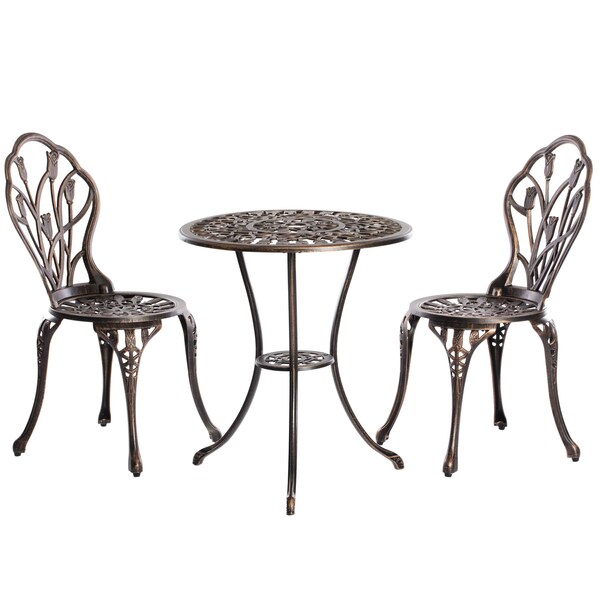 Gardenised Indoor and Outdoor Bronze Dinning Set 2 Chairs with 1 Table Bistro Patio Cast Aluminum. - QI003961.BZ