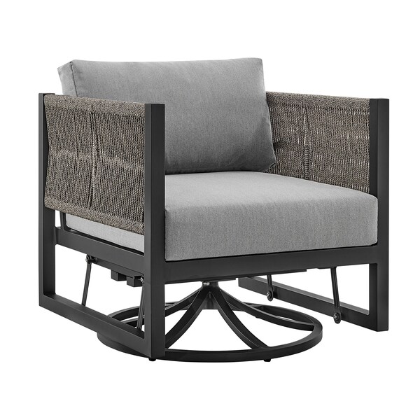 Armen Living Cuffay Outdoor Patio Swivel Glider Lounge Chair in Black Aluminum with Gray Cushions - 840254332454