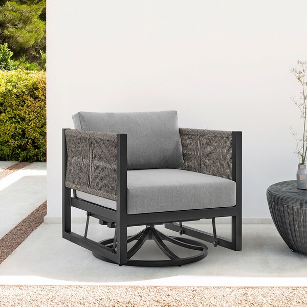 Armen Living Cuffay Outdoor Patio Swivel Glider Lounge Chair in Black Aluminum with Gray Cushions - 840254332454