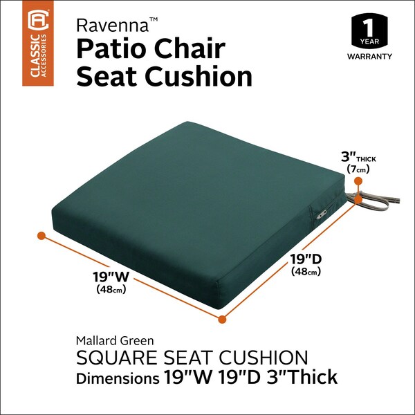 Classic Accessories Ravenna Seat Cushion, Mallard Green, 19"x19"x3" - 62-008-MGREEN-EC