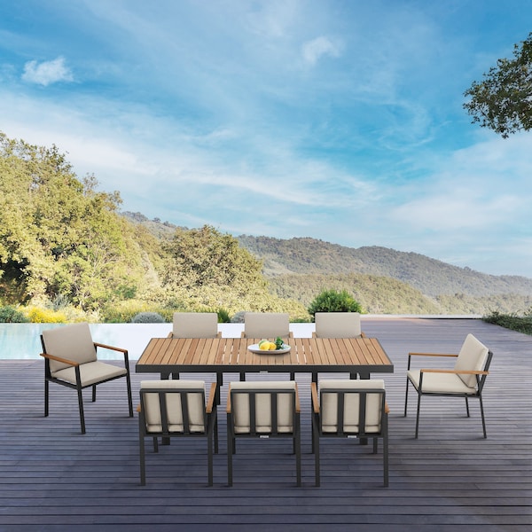 Armen Living Nofi Outdoor Patio 9 Piece Dining Set in Charcoal Finish with Taupe Cushions - SETODNODIBE