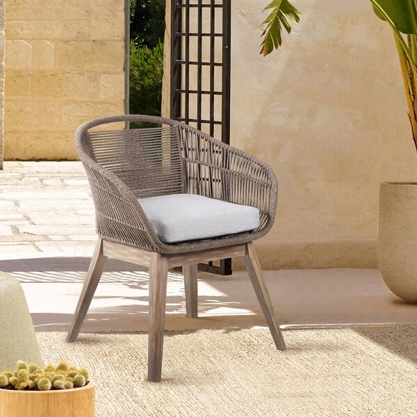 Armen Living Tutti Frutti Indoor Outdoor Dining Chair in Light Eucalyptus Wood with Truffle Rope and Gray Cushion - LCTFSITRU