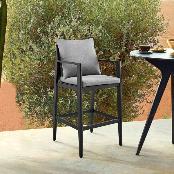Armen Living Cayman Outdoor Patio Counter Height Bar Stool in Aluminum with Gray Cushions - LCCCBABL26