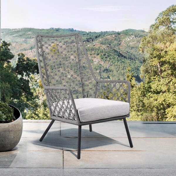 Armen Living Marco Indoor Outdoor Steel Lounge Chair with Gray Rope and Gray Cushion - LCMPCHGRY