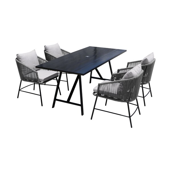 Armen Living Koala and Calica 5 Piece Dining Set in Dark Eucalyptus and Metal with Gray Rope - 840254332355