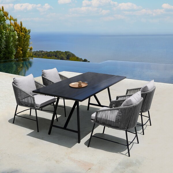 Armen Living Koala and Calica 5 Piece Dining Set in Dark Eucalyptus and Metal with Gray Rope - 840254332355