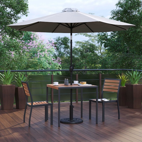 Flash Furniture Faux Teak 35" Table-Gray Umbrella-Base-2 Chairs - XU-DG-810060362-UB19BGY-GG