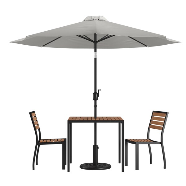 Flash Furniture Faux Teak 35" Table-Gray Umbrella-Base-2 Chairs - XU-DG-810060362-UB19BGY-GG