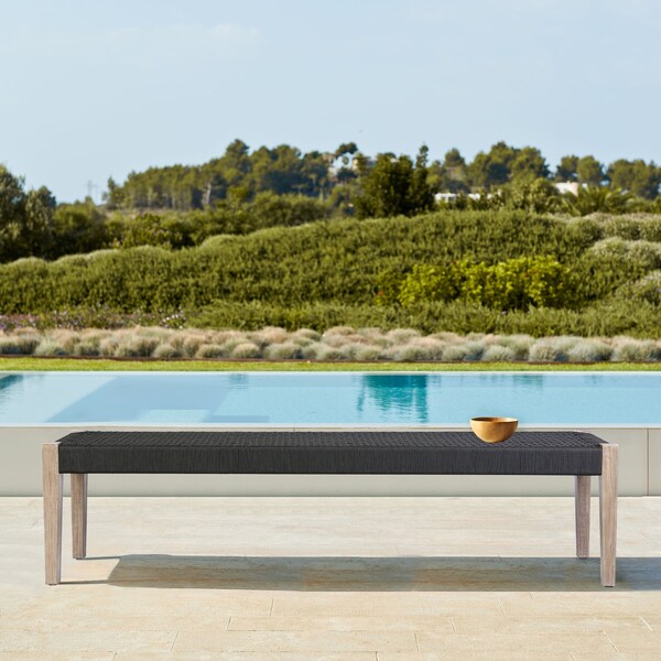 Armen Living Camino Indoor Outdoor Dining Bench in Eucalyptus Wood and Charcoal Rope - 840254336025
