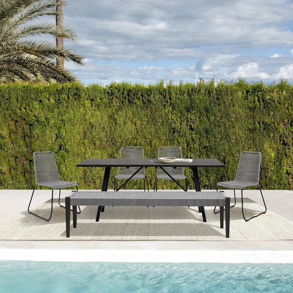 Armen Living Koala Shasta and Camino 6 Piece Outdoor Dining Set in Dark Eucalyptus Wood with Gray Rope - 840254333840