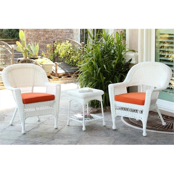 Propation 3 Piece White Wicker Chair And End Table Set With Orange Chair Cushion - PR335421