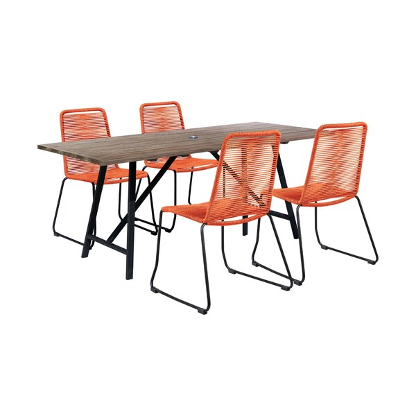Armen Living Koala and Shasta 5 Piece Outdoor Patio Dining Set in Light Eucalyptus Wood and Tangerine Rope - 840254336414