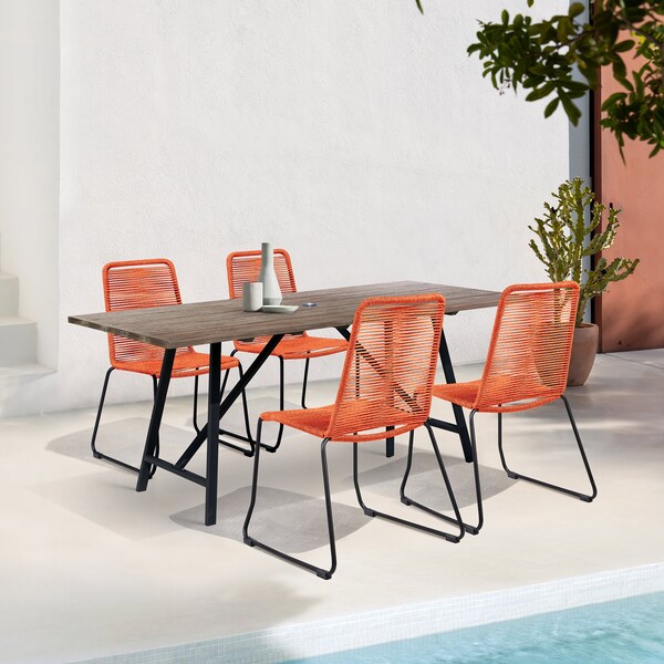 Armen Living Koala and Shasta 5 Piece Outdoor Patio Dining Set in Light Eucalyptus Wood and Tangerine Rope - 840254336414