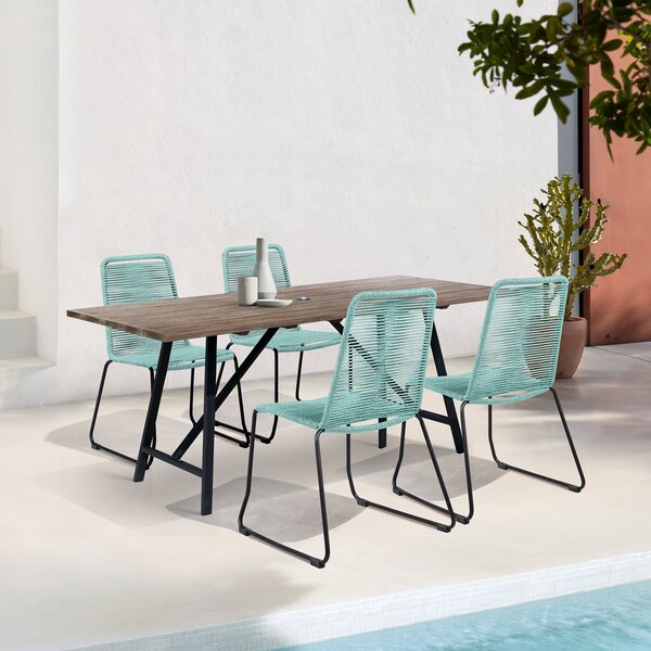 Armen Living Koala and Shasta 5 Piece Outdoor Patio Dining Set in Light Eucalyptus Wood and Wasabi Rope - 840254336407