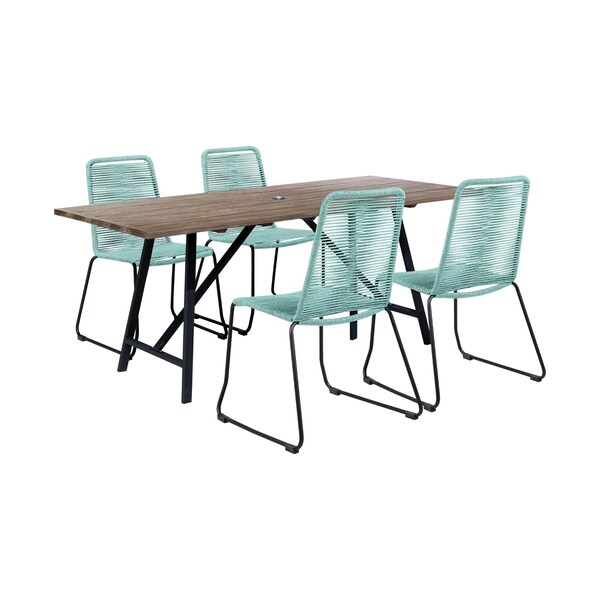 Armen Living Koala and Shasta 5 Piece Outdoor Patio Dining Set in Light Eucalyptus Wood and Wasabi Rope - 840254336407