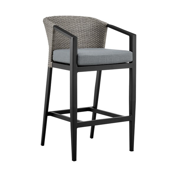 Armen Living Aileen Outdoor Patio Bar Stool in Aluminum and Wicker with Gray Cushions - 840254333192