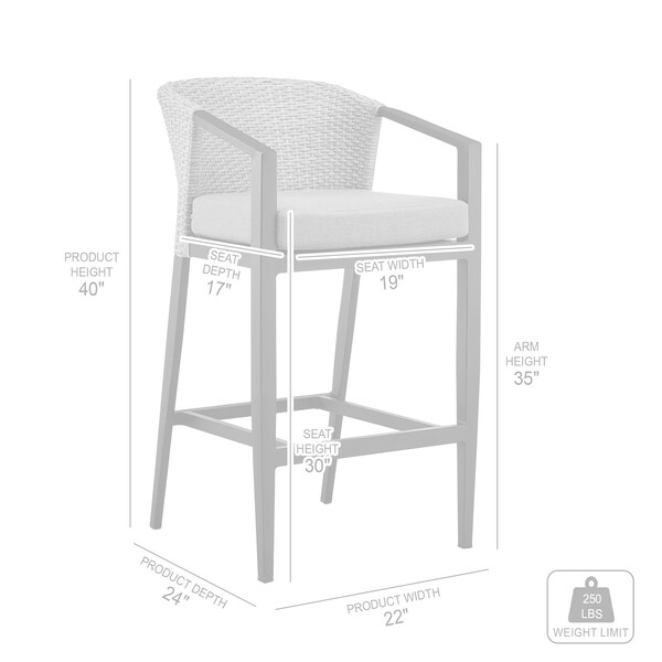 Armen Living Aileen Outdoor Patio Bar Stool in Aluminum and Wicker with Gray Cushions - 840254333192
