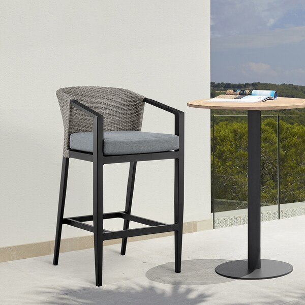 Armen Living Aileen Outdoor Patio Bar Stool in Aluminum and Wicker with Gray Cushions - 840254333192