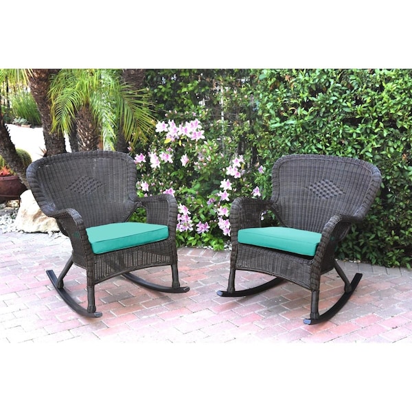 Propation W00215-R-2-FS032 Windsor Espresso Resin Wicker Rocker Chair with Turquoise Cushions, 2PK - PR3005624