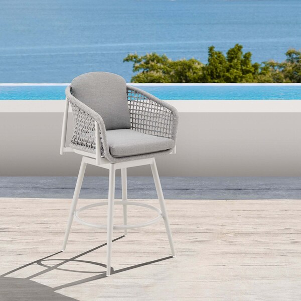 Armen Living Rhodes Outdoor Patio Swivel Bar Stool in Aluminum with Light Gray Rope and Cushions - LCRHBALGRY30
