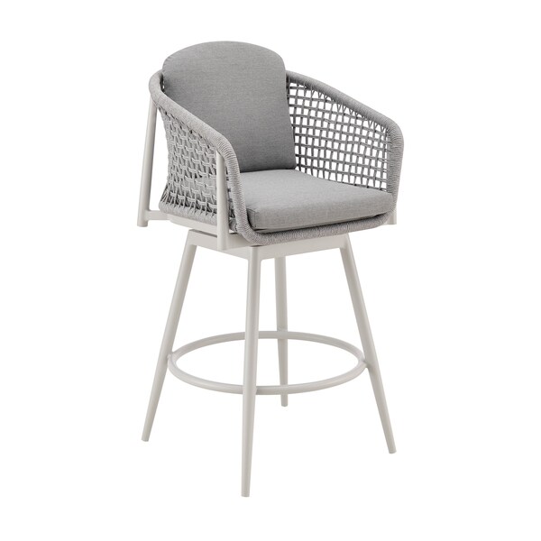 Armen Living Rhodes Outdoor Patio Swivel Bar Stool in Aluminum with Light Gray Rope and Cushions - LCRHBALGRY30