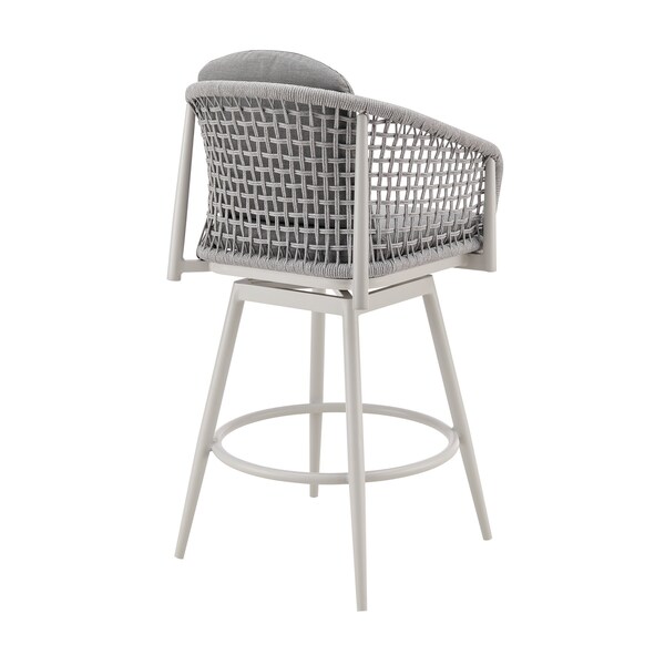 Armen Living Rhodes Outdoor Patio Swivel Bar Stool in Aluminum with Light Gray Rope and Cushions - LCRHBALGRY30