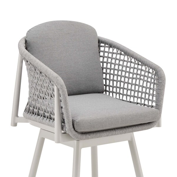 Armen Living Rhodes Outdoor Patio Swivel Bar Stool in Aluminum with Light Gray Rope and Cushions - LCRHBALGRY30