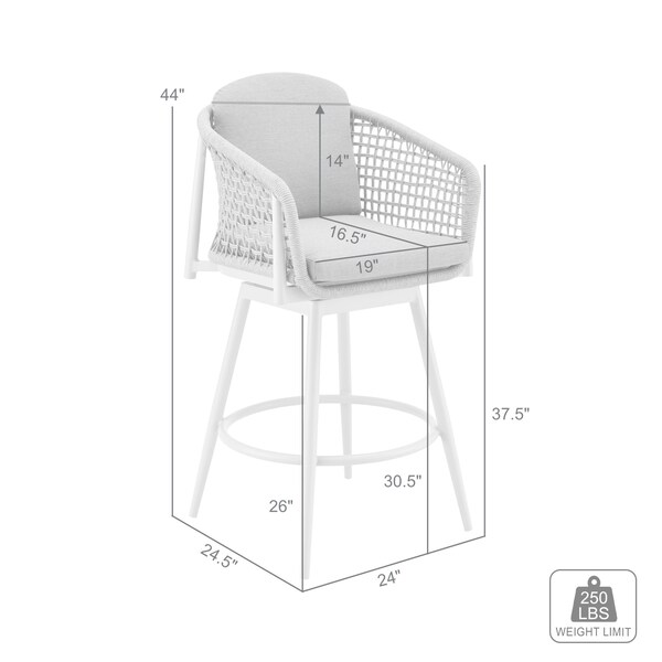 Armen Living Rhodes Outdoor Patio Swivel Bar Stool in Aluminum with Light Gray Rope and Cushions - LCRHBALGRY30