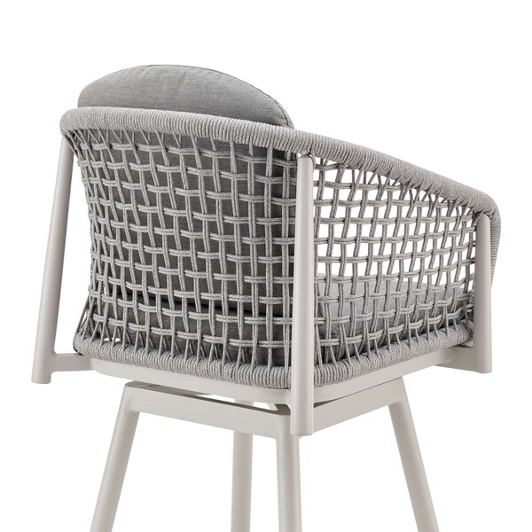 Armen Living Rhodes Outdoor Patio Swivel Bar Stool in Aluminum with Light Gray Rope and Cushions - LCRHBALGRY30