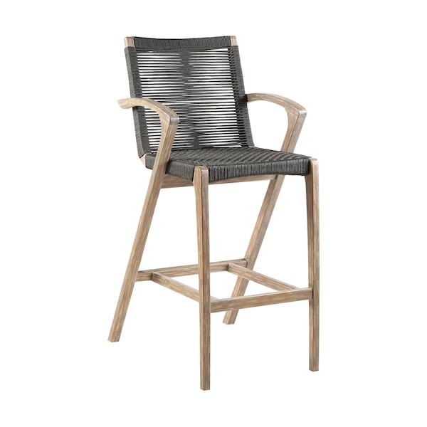 Armen Living Brielle Outdoor Light Eucalyptus Wood and Charcoal Rope Bar Height Stool - LCBLBACH30