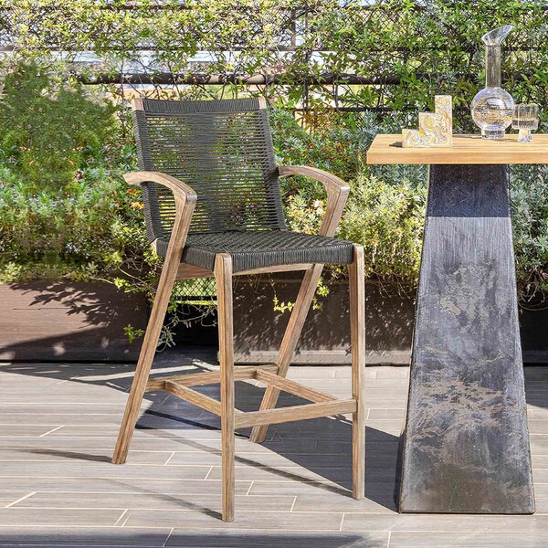 Armen Living Brielle Outdoor Light Eucalyptus Wood and Charcoal Rope Bar Height Stool - LCBLBACH30