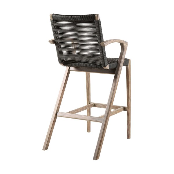 Armen Living Brielle Outdoor Light Eucalyptus Wood and Charcoal Rope Bar Height Stool - LCBLBACH30