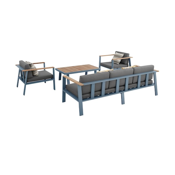 Armen Living Nofi 4 piece Outdoor Patio Set in Gray Finish with Gray Cushions and Teak Wood - SETODNOGR
