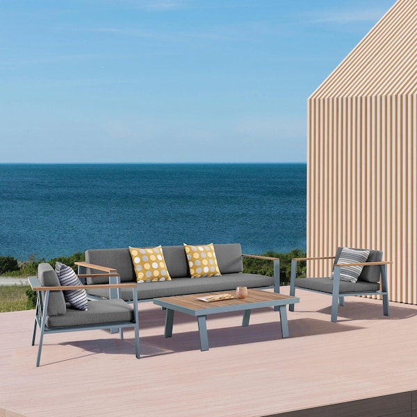 Armen Living Nofi 4 piece Outdoor Patio Set in Gray Finish with Gray Cushions and Teak Wood - SETODNOGR
