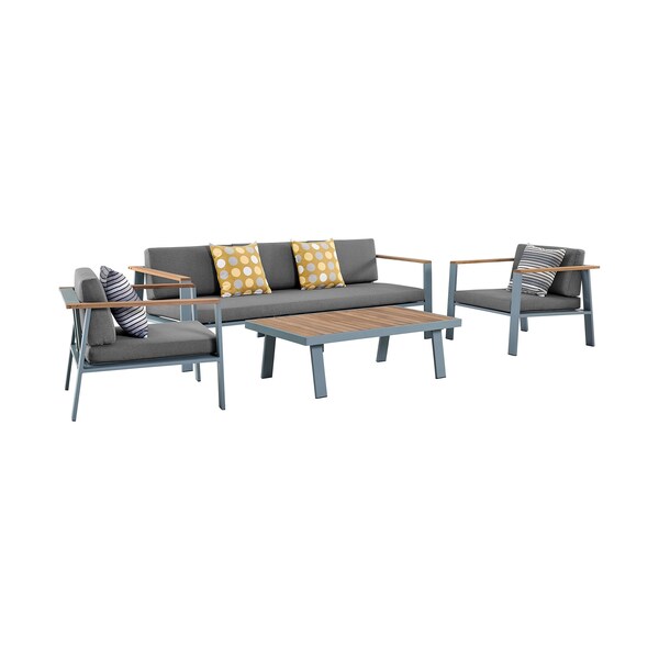 Armen Living Nofi 4 piece Outdoor Patio Set in Gray Finish with Gray Cushions and Teak Wood - SETODNOGR