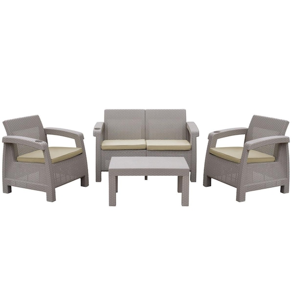 Jeco Pontus Grey Conversation Patio Set Tan Cushion - 4 Piece - W00610G-FS006