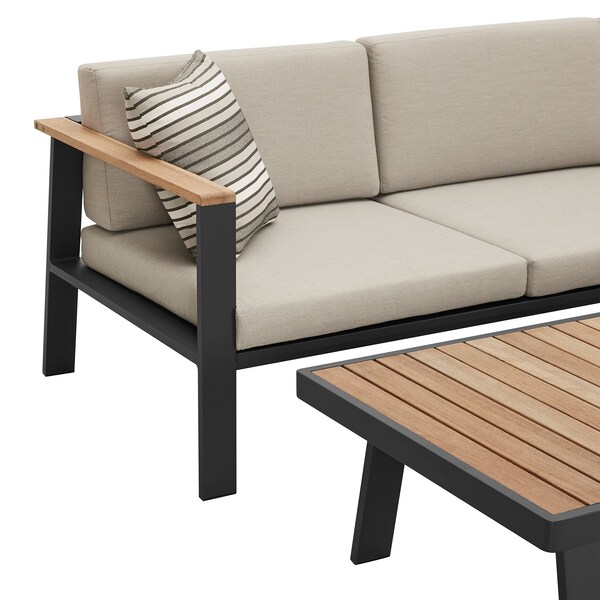 Armen Living Nofi Outdoor Patio Sectional Set in Charcoal Finish with Taupe Cushions and Teak Wood - SETODNOSEBE