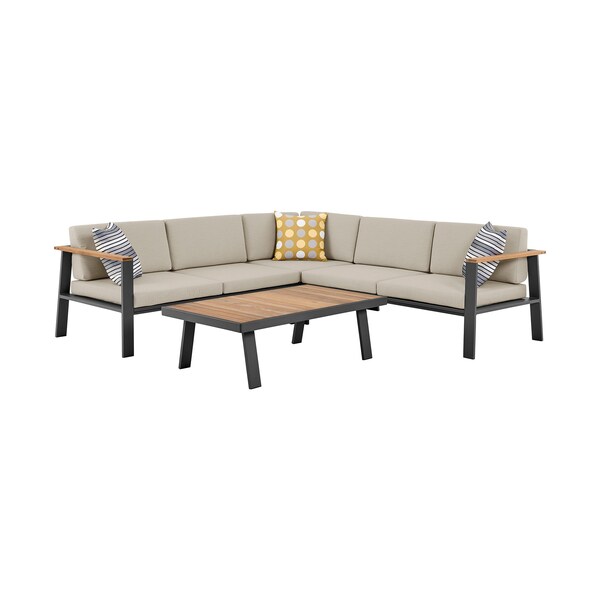 Armen Living Nofi Outdoor Patio Sectional Set in Charcoal Finish with Taupe Cushions and Teak Wood - SETODNOSEBE