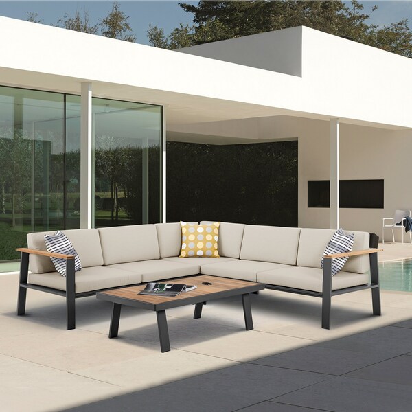 Armen Living Nofi Outdoor Patio Sectional Set in Charcoal Finish with Taupe Cushions and Teak Wood - SETODNOSEBE