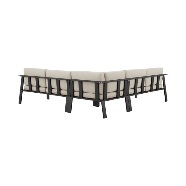 Armen Living Nofi Outdoor Patio Sectional Set in Charcoal Finish with Taupe Cushions and Teak Wood - SETODNOSEBE
