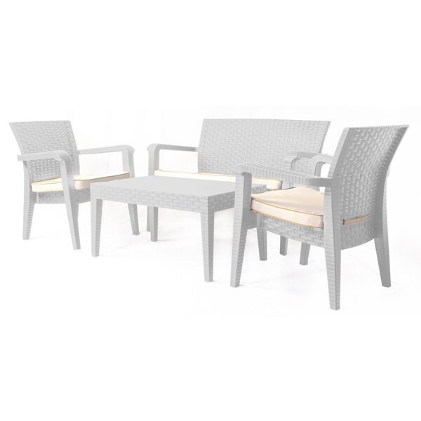 Rainbow Outdoor Alaska 4 Piece Seating Set with Cushions-White - RBO-ALASKA-WHT-4PC-CUSH-CRM