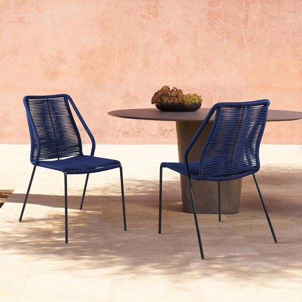 Armen Living Clip Indoor Outdoor Stackable Steel Dining Chair with Blue Rope - Set of 2 - LCCPSIBLUE